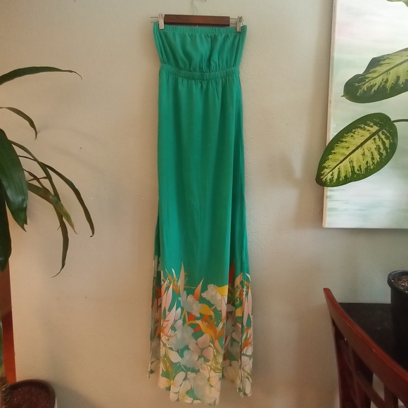 O'Neill Strapless Boho Tropical Floral Teal Resortwear Two Side Slit Flowy Maxi - Picture 4 of 11